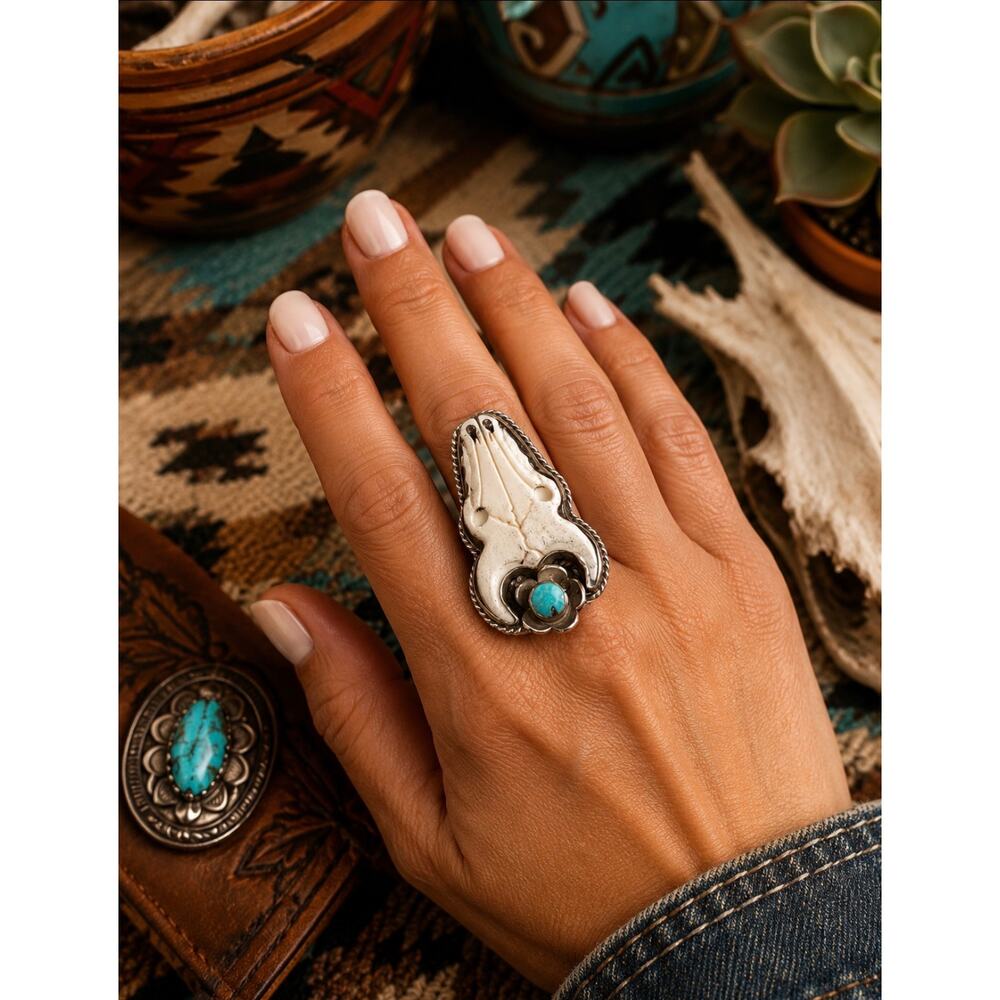 Large Steer Head Statement Ring. White stone with Turquoise Accent